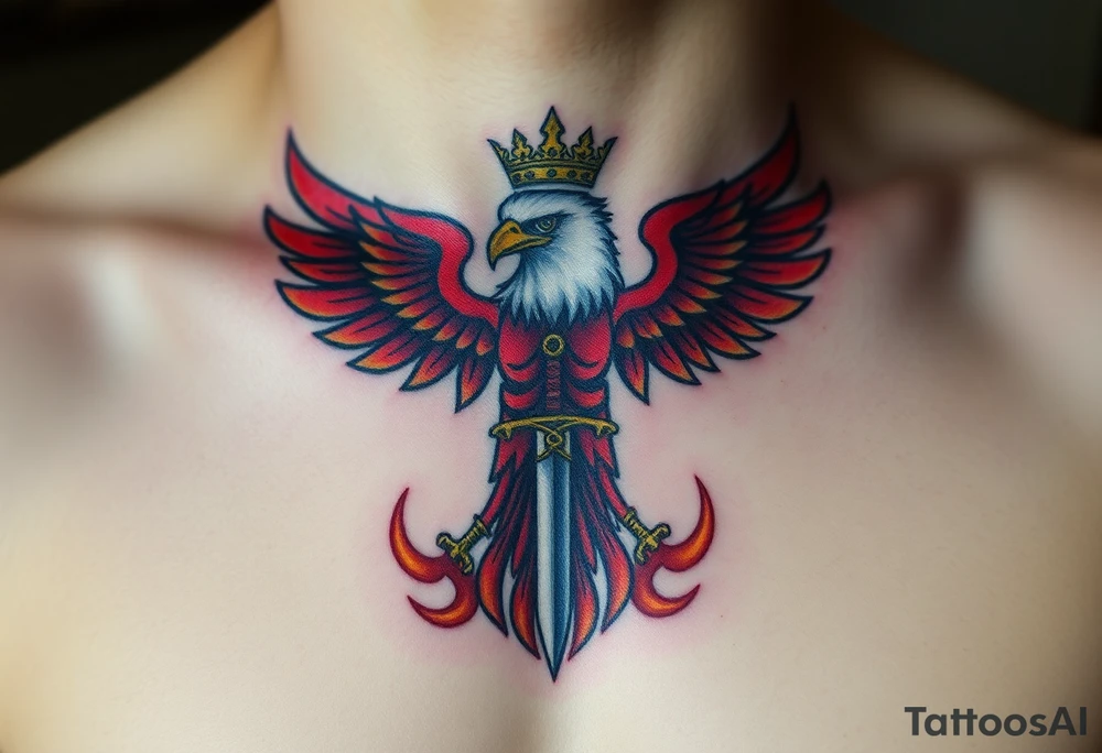 A majestic red and white Moravian eagle with golden crown on its head holding a sword in its talons, surrounded by flames tattoo idea