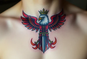 A majestic red and white Moravian eagle with golden crown on its head holding a sword in its talons, surrounded by flames tattoo idea