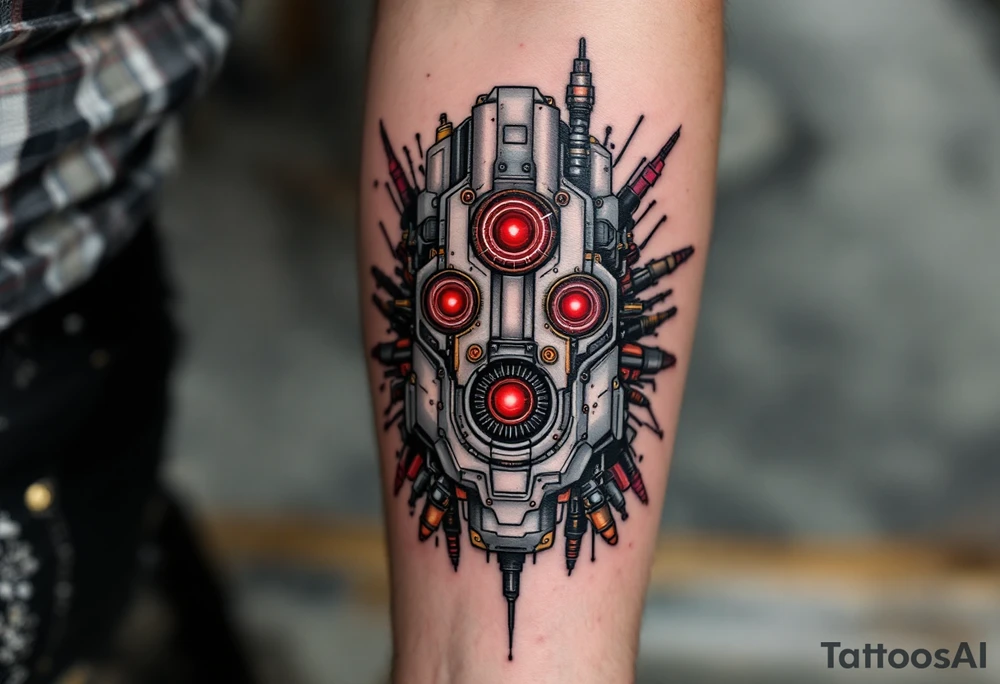 A tattoo depicting a mechanical full arm tattoo socketed into the forearm, with crimson power cores pulsing behind stainless steel plating. tattoo idea