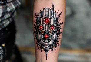 A tattoo depicting a mechanical full arm tattoo socketed into the forearm, with crimson power cores pulsing behind stainless steel plating. tattoo idea