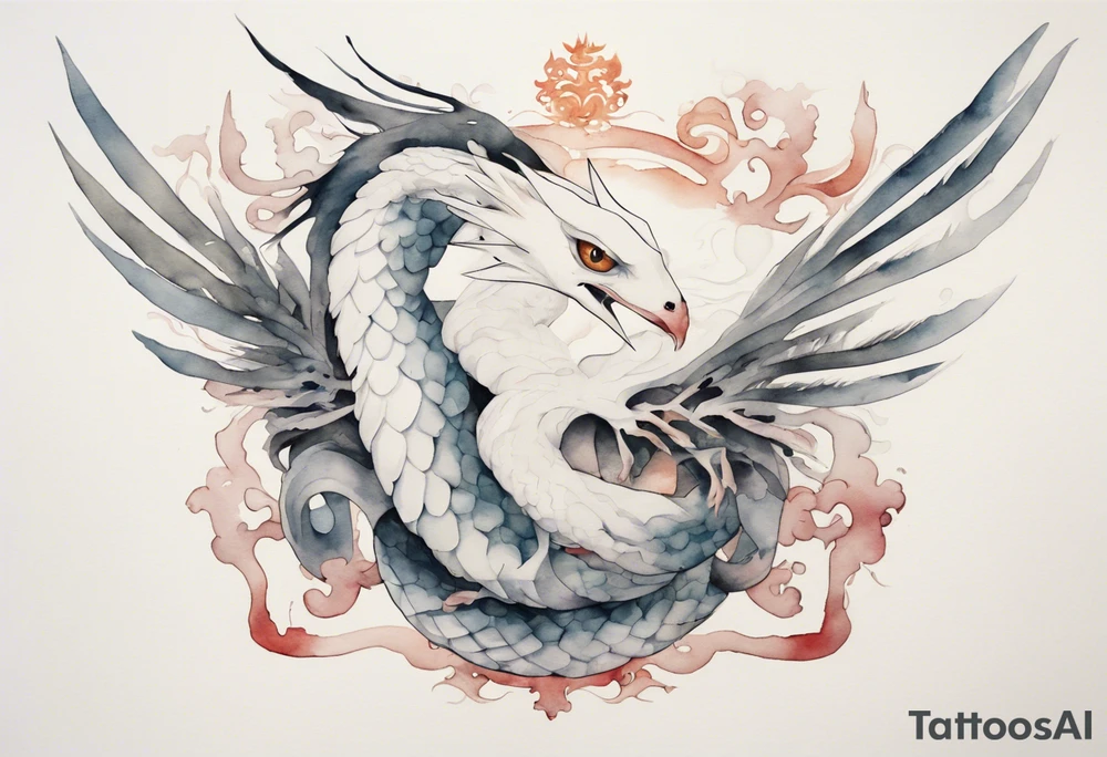 a watercolor of a white bird-serpent hybrid wearing an iron crown, flying tattoo idea