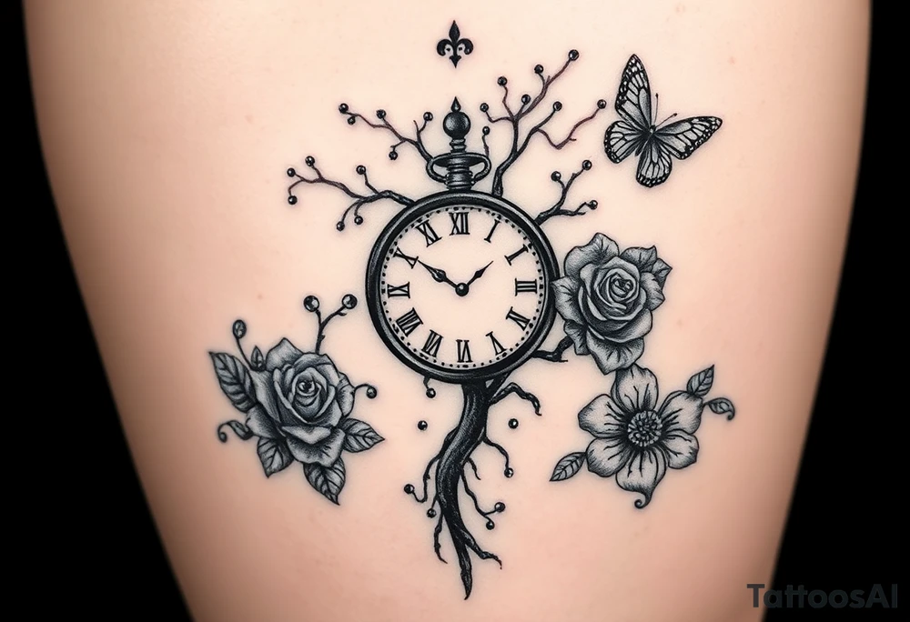 a clock, poisoned tree, big and small roses, big and small butterflies tattoo idea