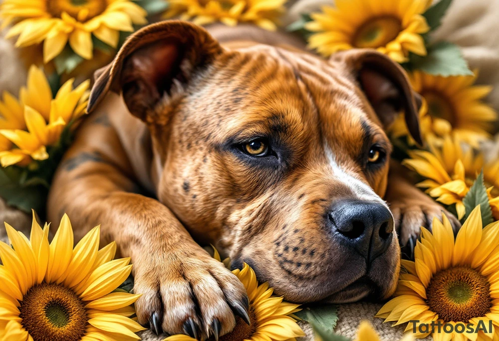 Staffbull Lying in Sunflowers
Golden brown Staffbull lying among yellow sunflowers. Warm color palette with fine detailing in the fur and petals. tattoo idea