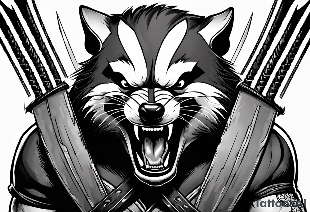 Draw me badger/wolverine with aggressive full body show, killer face with cute smile, very long nails and he attacks like a Turkish gladiator to enemy and also he has very deadly looking. The only weapon is his braveness. tattoo idea