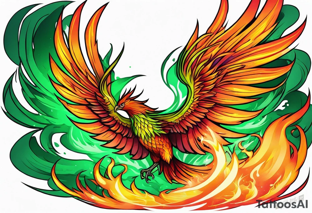 Phoenix Bright colours rising from green flames that destroyed it no green tattoo idea