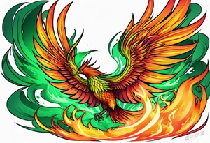 Phoenix Bright colours rising from green flames that destroyed it no green tattoo idea