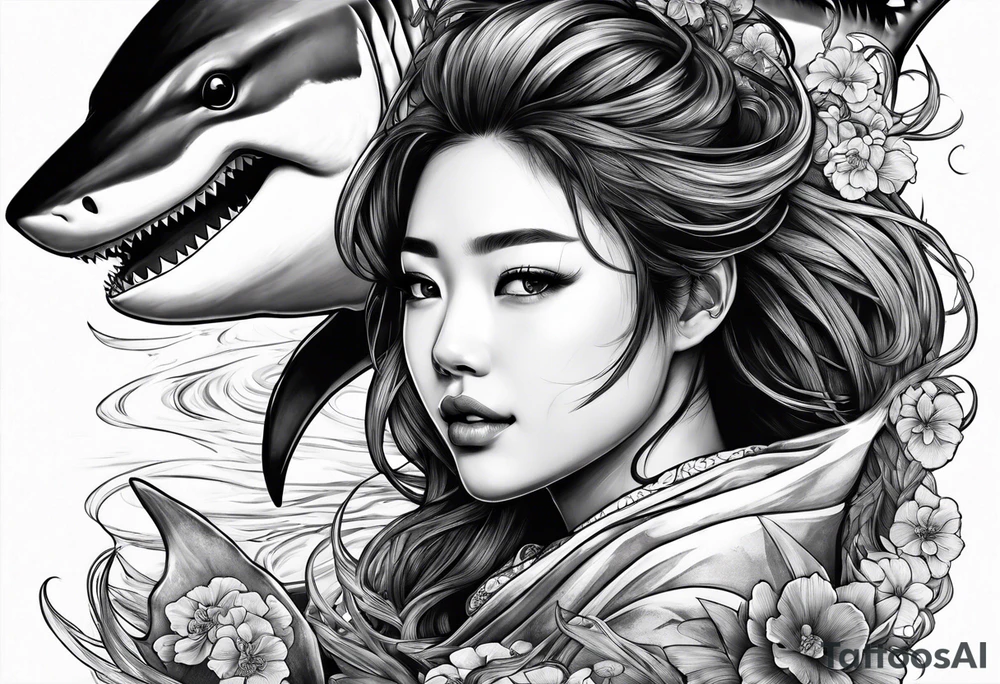 japanese girl riding shark tattoo idea