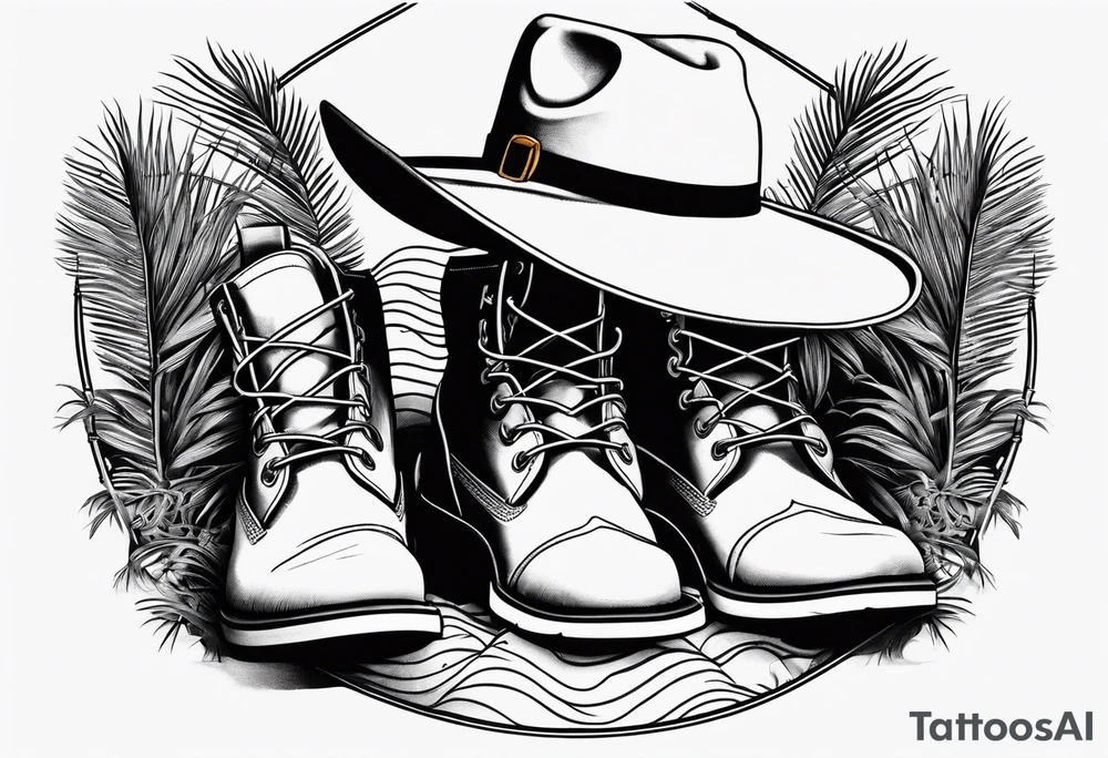 Keep it simple. A pair of timberland boots next to two flip flops and a cowboyhat on the Beach. tattoo idea
