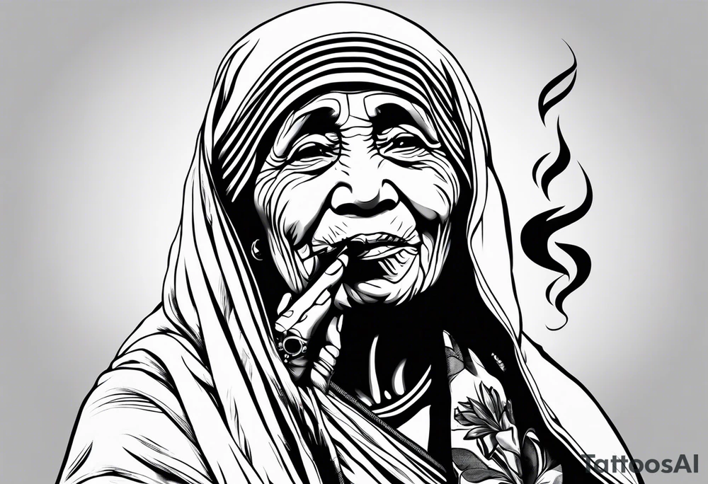 mother theresa smoking cigarette tattoo idea