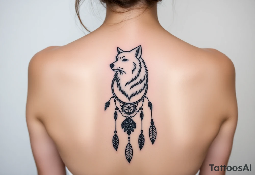 A wolf running through the woods, with dreamcatcher rings tattoo idea