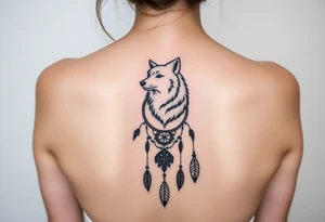 A wolf running through the woods, with dreamcatcher rings tattoo idea