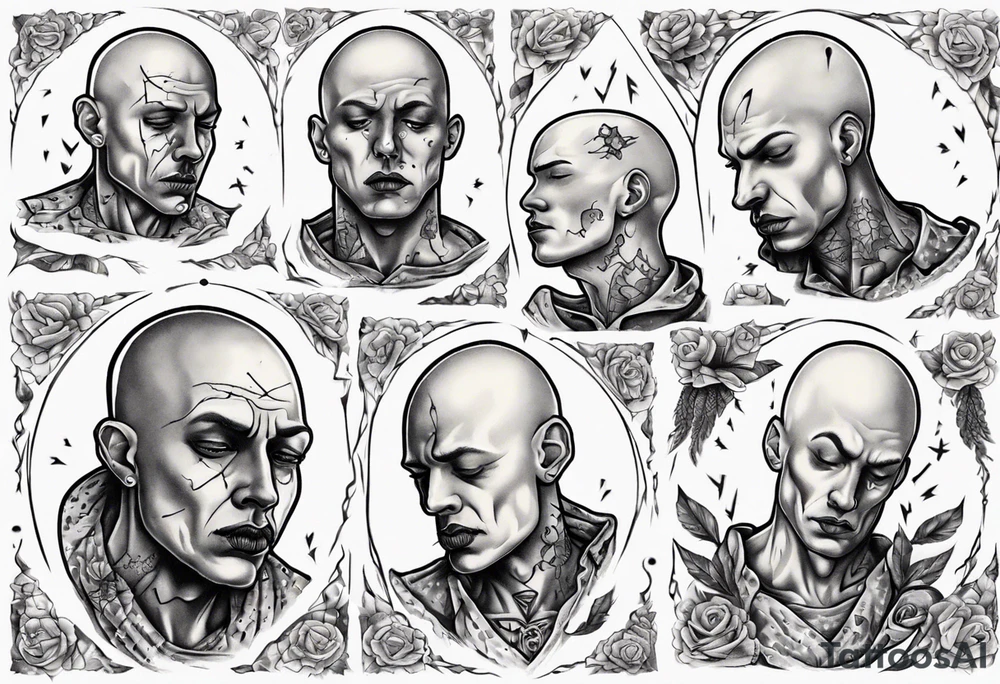 bald heartbroken man closeup tattoo idea