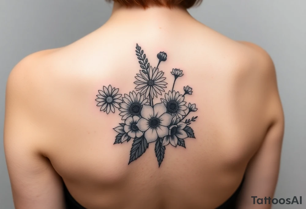 Honeysuckle, marigold, chrysanthemum, and violet bouquet tattoo idea