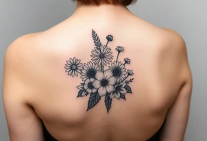 Honeysuckle, marigold, chrysanthemum, and violet bouquet tattoo idea