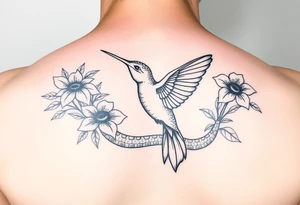 powerful beautiful snake holds hummingbird with flowers tattoo idea