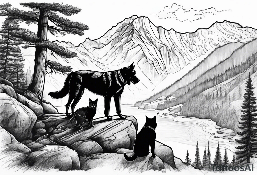 father son hiking with their dog and cat in the mountains, nature, waterfall, rive tattoo idea