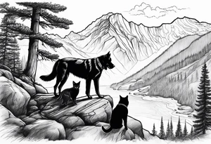 father son hiking with their dog and cat in the mountains, nature, waterfall, rive tattoo idea