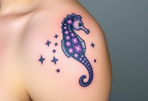A celestial seahorse floating among the stars, its body made of constellations in purples and silvers. tattoo idea