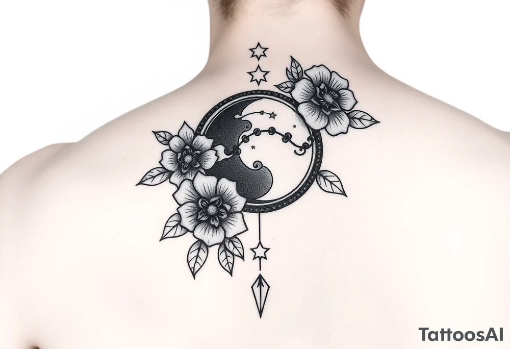 Flower sleeve surrounded by moon and star design for arm tattoo idea