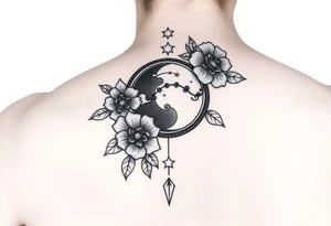 Flower sleeve surrounded by moon and star design for arm tattoo idea
