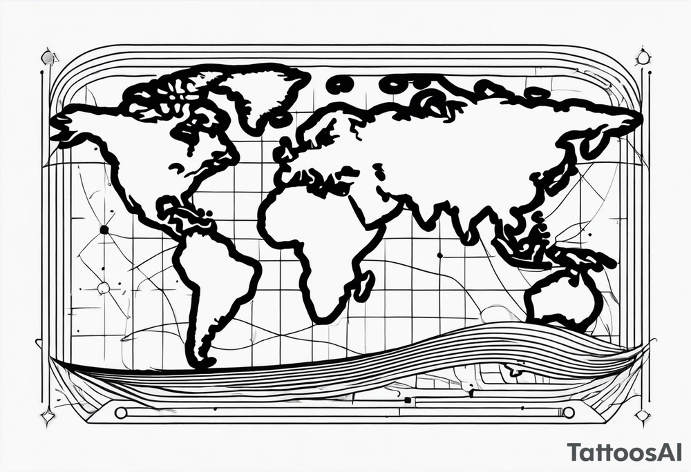 world map, coordinates lines, airplane flying, chip cargo on waves tattoo idea