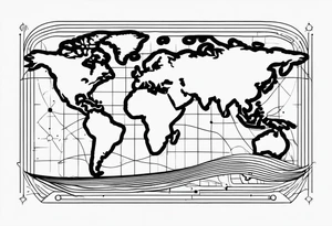 world map, coordinates lines, airplane flying, chip cargo on waves tattoo idea