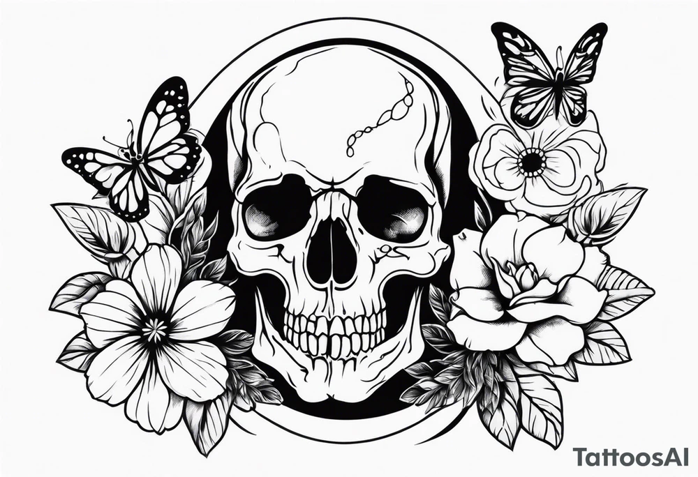 Skull tattoo with a large scorpion, butterflies, and flowers tattoo idea