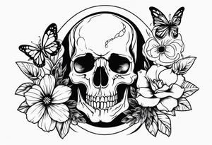 Skull tattoo with a large scorpion, butterflies, and flowers tattoo idea