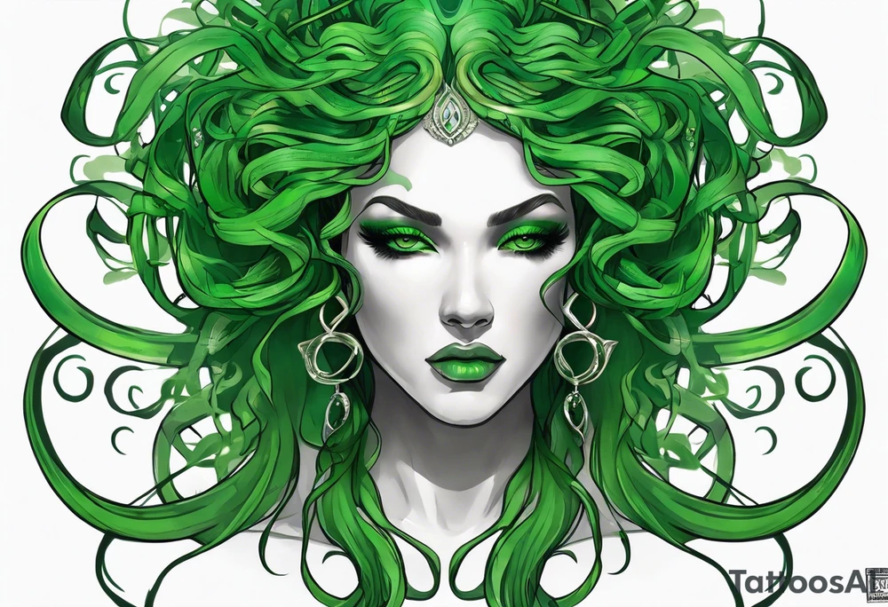 Full body 
Here is a rough sketch of your Medusa tattoo concept:

- **Medusa's Full Body**: Positioned in the center, floating.
- **Glowing Eyes**: Highlighted in white to stand out against her green complexion.
- **Green Snakes for Hair**: Radiating in various directions from her head.
- **White Sheer Dress**: Flowing down her body, semi-transparent to hint at her form beneath.

This sketch captures the basic elements and composition. For a final design, a tattoo artist can add intricate details, shading, and texture to bring Medusa to life with the ethereal and mystical qualities you described. tattoo idea