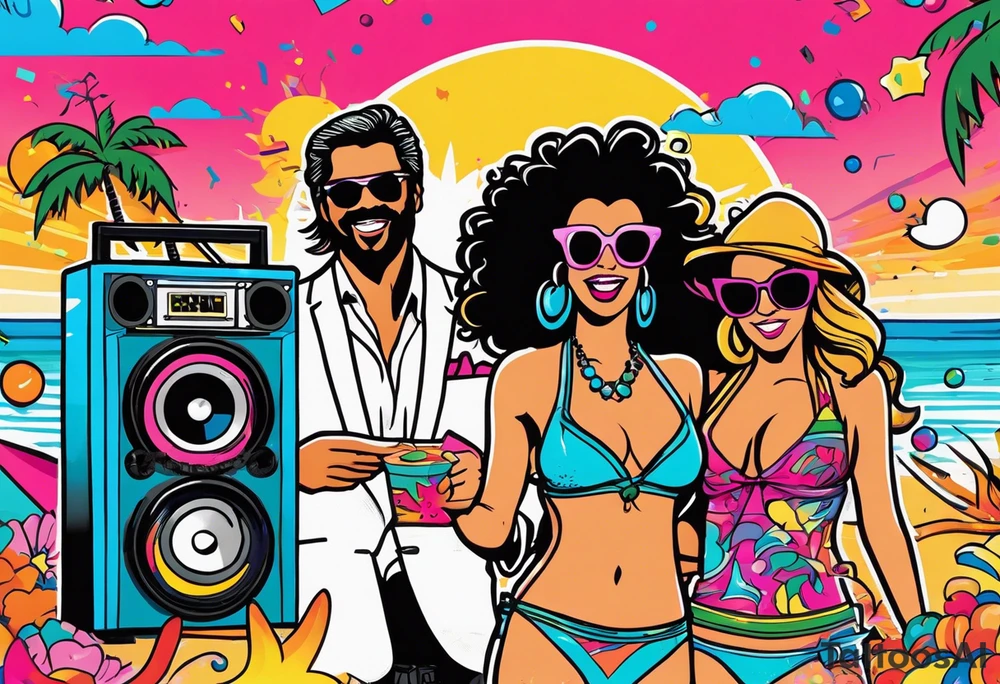 1980's miami vice style beach dance 
party, include confetti, music notes, boom box, bikinis sunset in the center tattoo idea