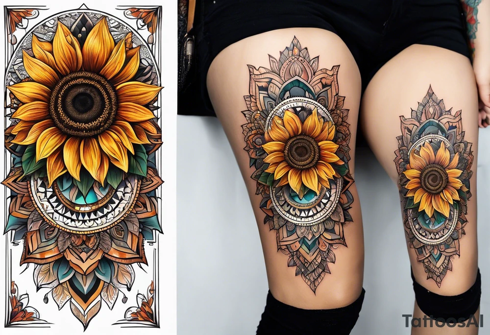 sunflower mandala Knee tattoo in fall colors tattoo idea