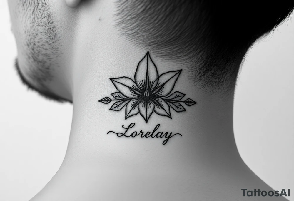Crea un diseño significativo sobre la flor de bayahibe egipcia y que tenga el nombre escrito por de bajo del diseño el nombre de mi hermana Lorelay para la parte baja del bíceps tattoo idea