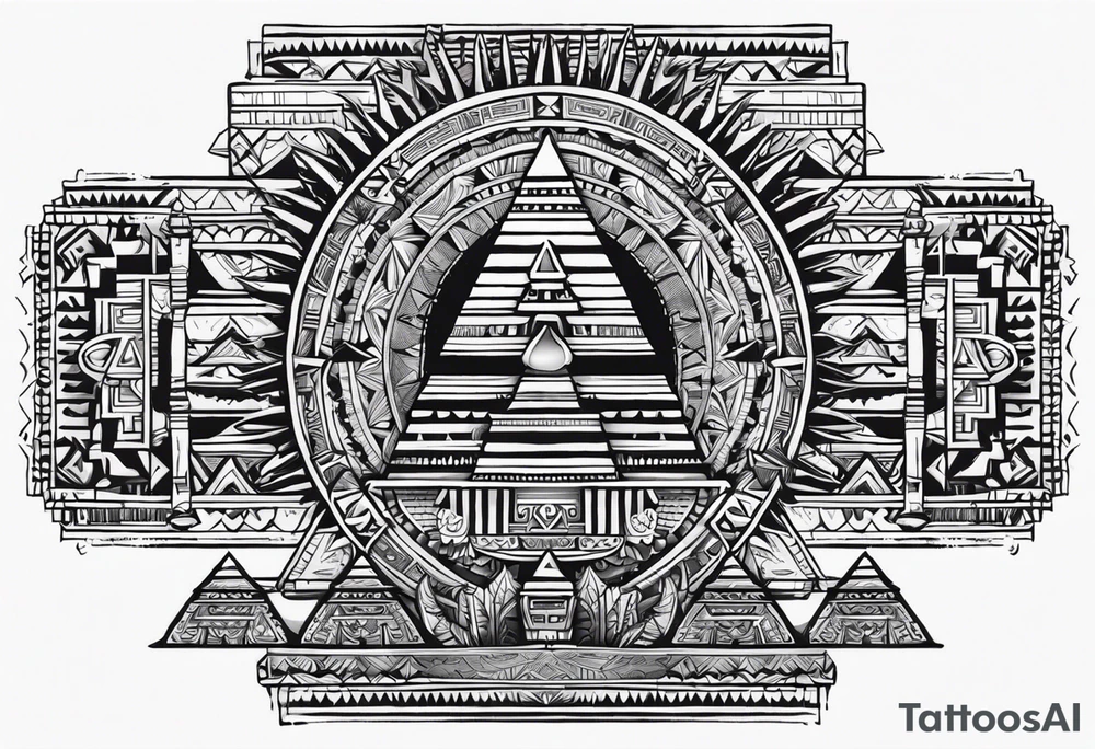 aztec sun background with pyramid in front with two aztec warrios on the left and right side of pyramid tattoo idea