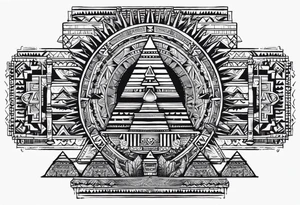 aztec sun background with pyramid in front with two aztec warrios on the left and right side of pyramid tattoo idea