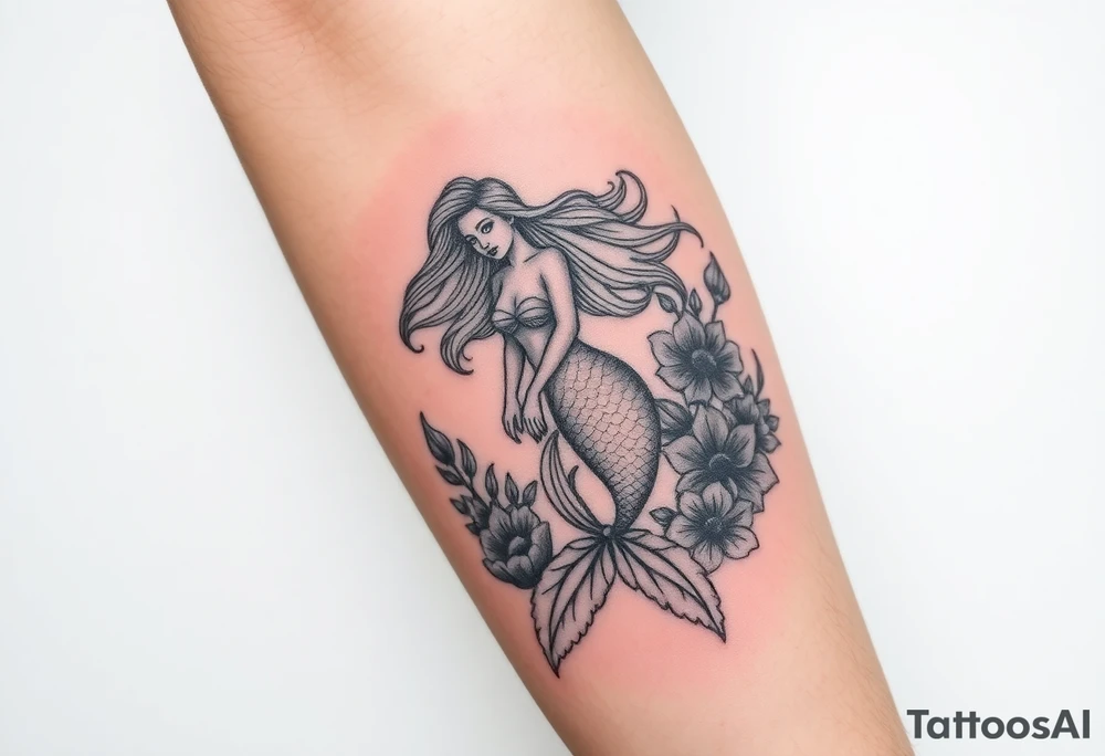 ethereal mermaid with flowing hair among coral and sea flowers tattoo idea