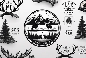 A logo for an outdoors company that includes an "S" and an "M". Includes a mountain, a lake, some trees, and a deer tattoo idea