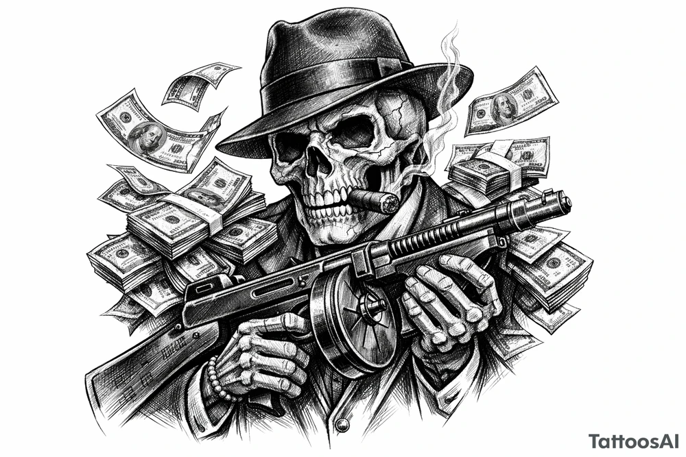skull with cigar in his mouth,mafia-hat,machine-gun in his hands,surrounded by money. tattoo idea