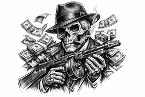 skull with cigar in his mouth,mafia-hat,machine-gun in his hands,surrounded by money. tattoo idea