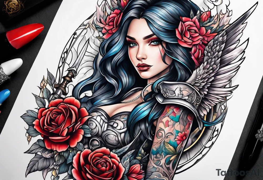 A feminine mythical creature holding a weapon tattoo idea