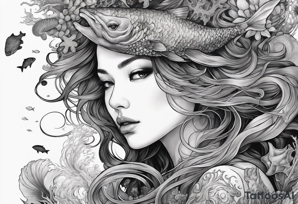 Full-body portrait of an ethereal woman of the sea surrounded by deep sea creatures. tattoo idea