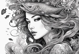 Full-body portrait of an ethereal woman of the sea surrounded by deep sea creatures. tattoo idea