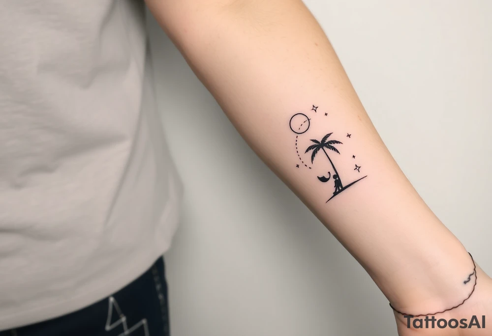 Create a minimalist tattoo design that wraps around the upper right arm, just below the armpit and above an existing blackwork sleeve.

Design Flow:

The tattoo is connected by a thin, continuous line that wraps around the arm.

On the outer/front arm, place a small, minimal walking figure on the line, moving forward. The line should have a gentle wave under his steps to create movement.

The line continues to the inner arm, where a boy is sitting on the line (with his back to the viewer, legs dangling below the line).

To the right of the boy, place a slightly leaning palm tree growing from the line.

Behind or beside the tree, include a minimal sun, low on the horizon (simple circle or half-sun).

In the space above, softly scatter minimalist stars, mostly dots, with 2–3 sparkles or tiny diamond shapes.

Style Notes:

Keep everything in fine line / minimalist style, no heavy shading

Design should feel light, dreamy, and reflective — symbolizing balance between stillness and motion

Line should echo the flow of the existing tribal/blackwork arm band below, but not mimic or clash with it tattoo idea
