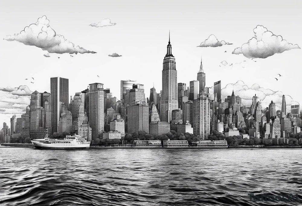 NYC skyline on the left and the right with the island of cuba in  the middle tattoo idea