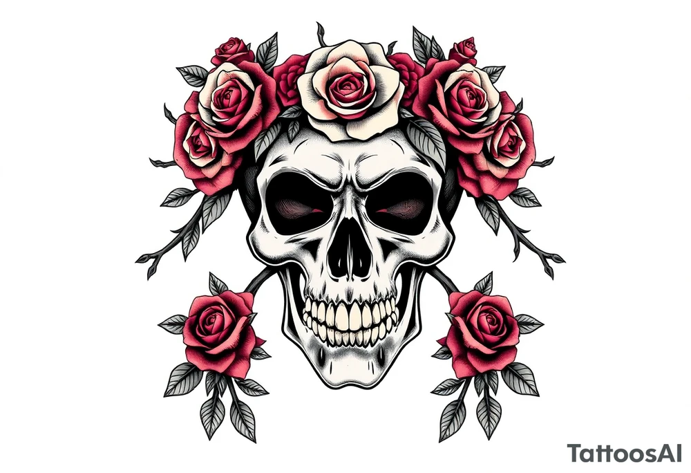 ornate skull adorned with crown of wild roses and thorns tattoo idea