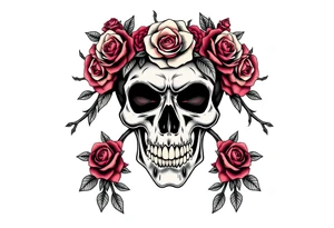 ornate skull adorned with crown of wild roses and thorns tattoo idea