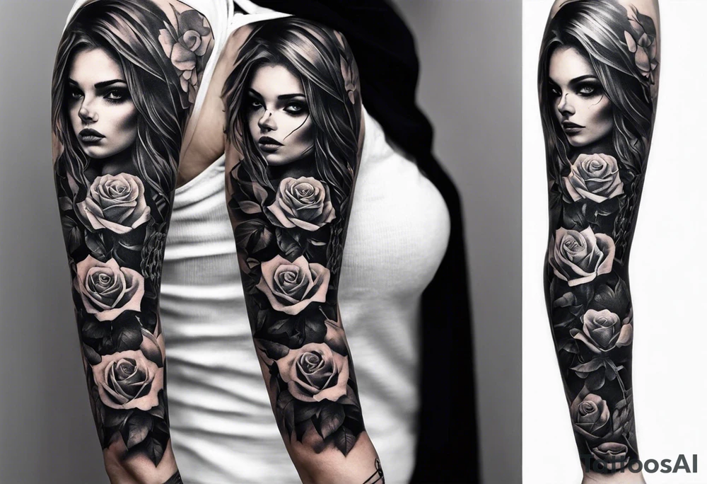 A sleeve tattoo whose elements seem to be connected into one story. Elements on the tattoo: a skull with a rose sticking out of the eye, plants, a girl’s face turning into roots, a destroyed old chain, a broken sword, a butterfly and you can add some connecting elements tattoo idea