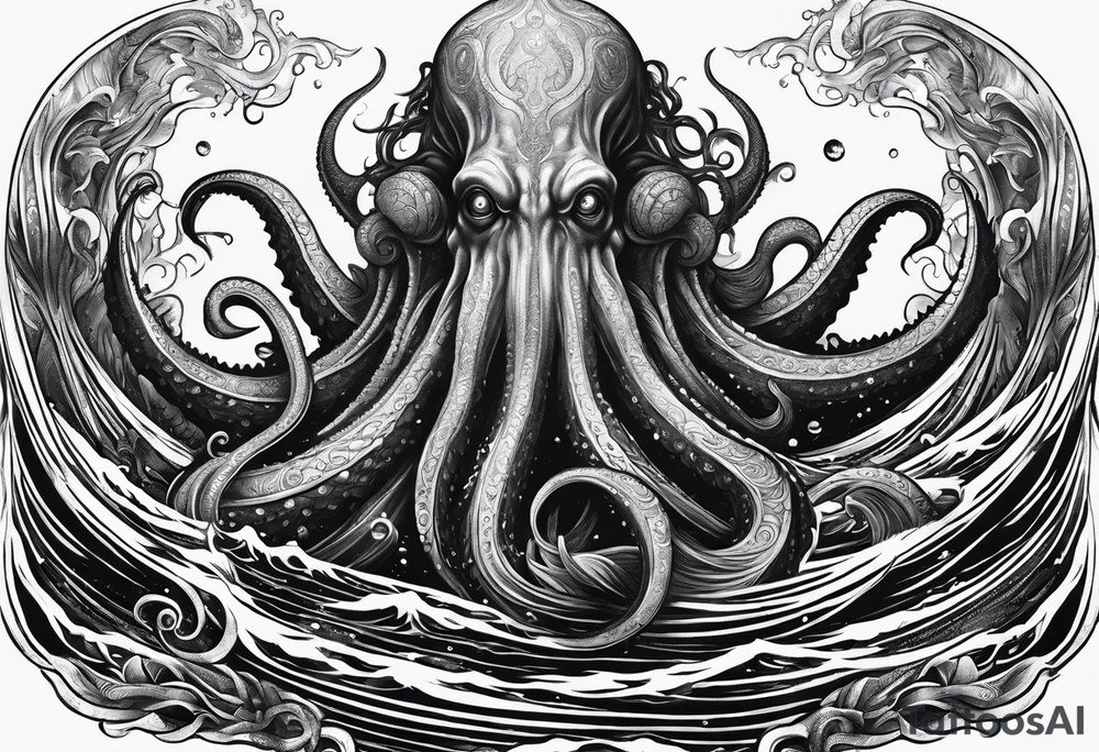 cthulu reaching out for ana anchor from the deep sea entangled with waves tattoo idea