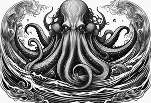 cthulu reaching out for ana anchor from the deep sea entangled with waves tattoo idea