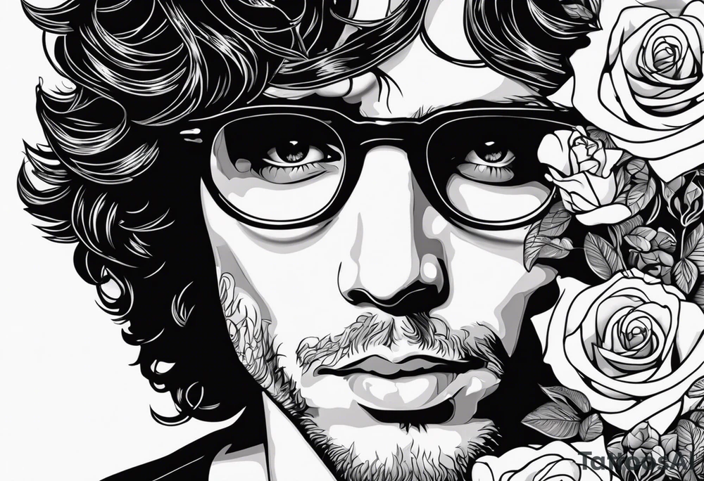 would like a black and white sleeve feautiring Jim Morrison (existing)
 on the upper arm, would like roses and psychadelic shapes in between, Hendrix's guitar, Joplins glasses and Johhn Cash portrait tattoo idea