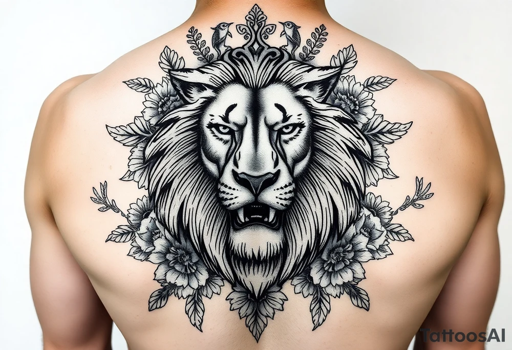 powerful majestic lion with a crown, surrounded by floral ornaments and birds tattoo idea